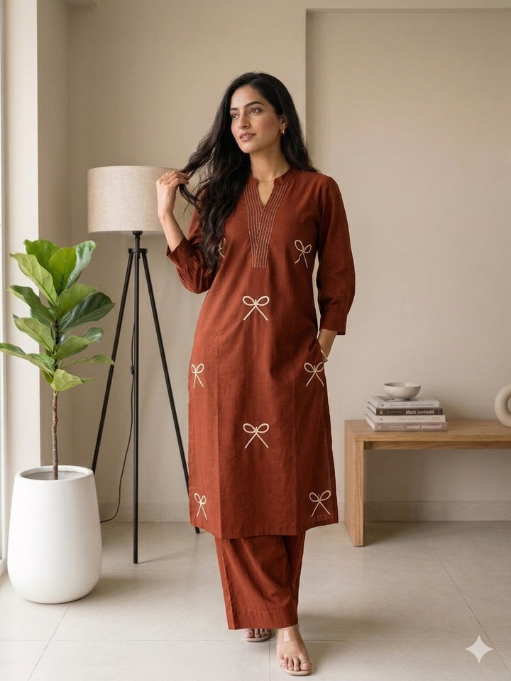 Premium Cotton Bow Embroidery Kurta Pant Set for Women
