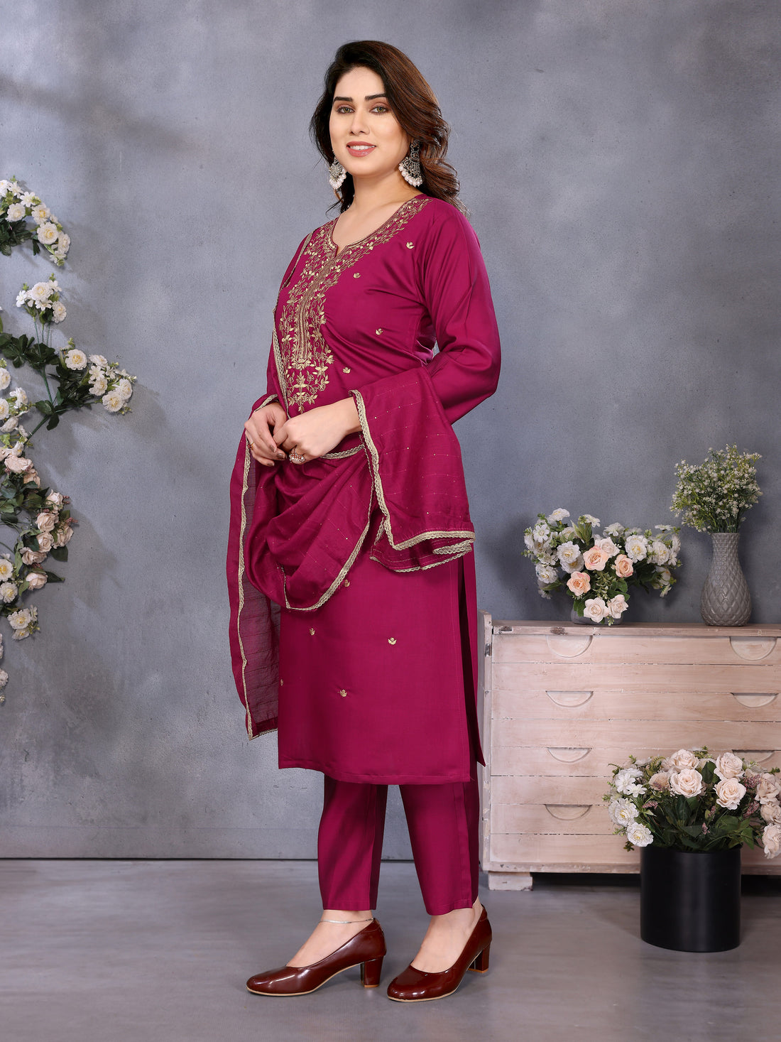 Luxury Maroon Ethnic Wear Kurti Set for Festive & Wedding