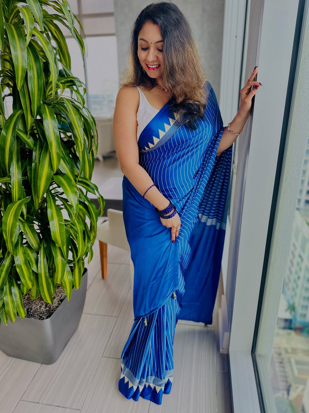 Royal Blue Striped Saree with Geometric Border – Elegant Ethnic Wear