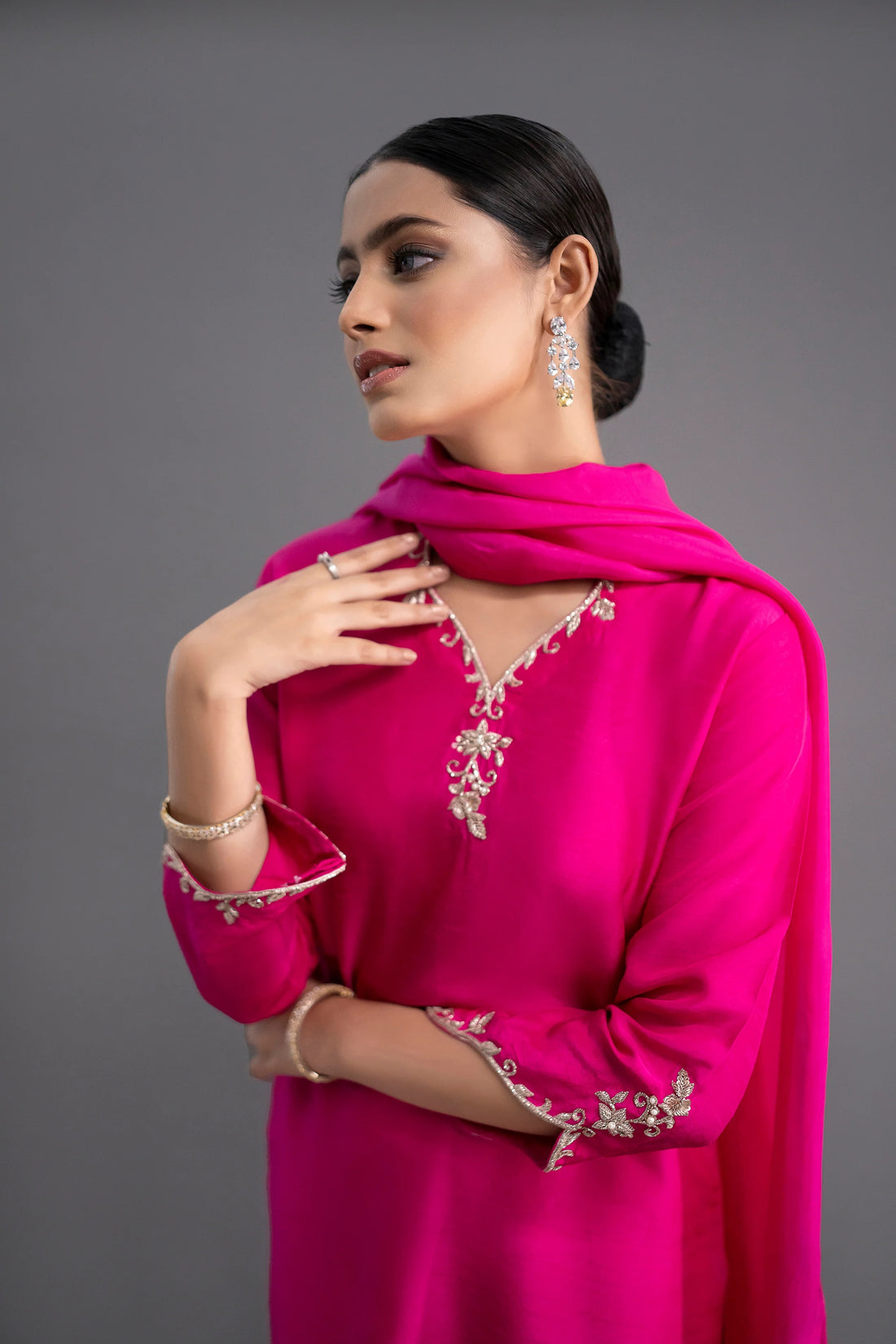 Royal Hot Pink Embroidered Kurti Dupatta Set for Women