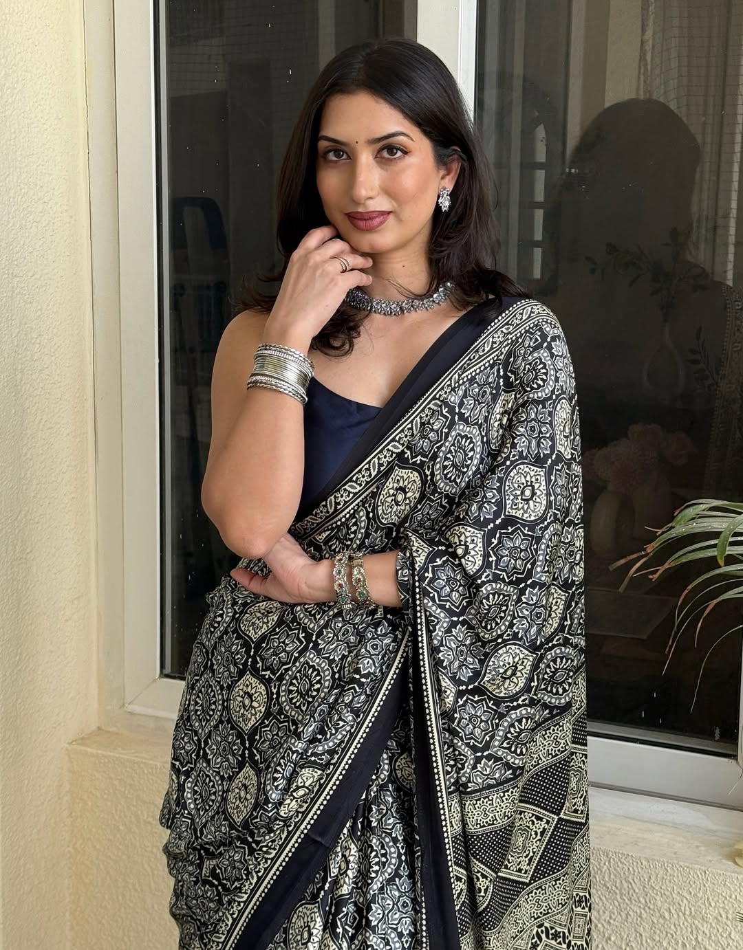 Classic Black Ajrakh Digital Print Saree with Designer Border