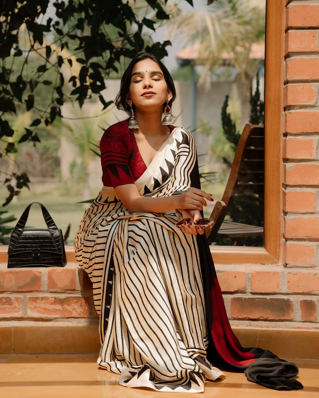 Elegant Cream & Black Stripe Saree with Red Designer Pallu – Premium Soft Silk
