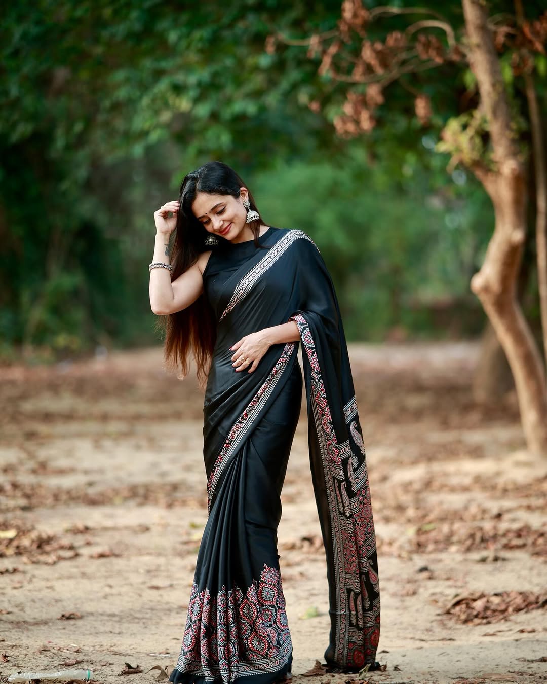 Black Ajrakh Digital Print Saree – Elegant Traditional Designer Wear