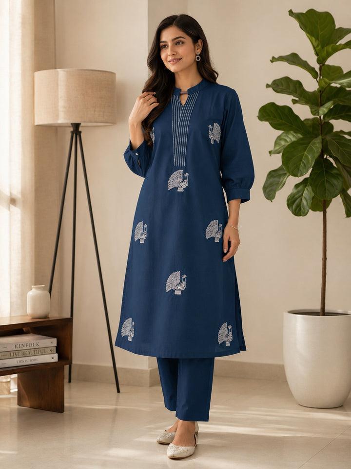 Premium Cotton Peacock Embroidery Kurta Pant Set for Women
