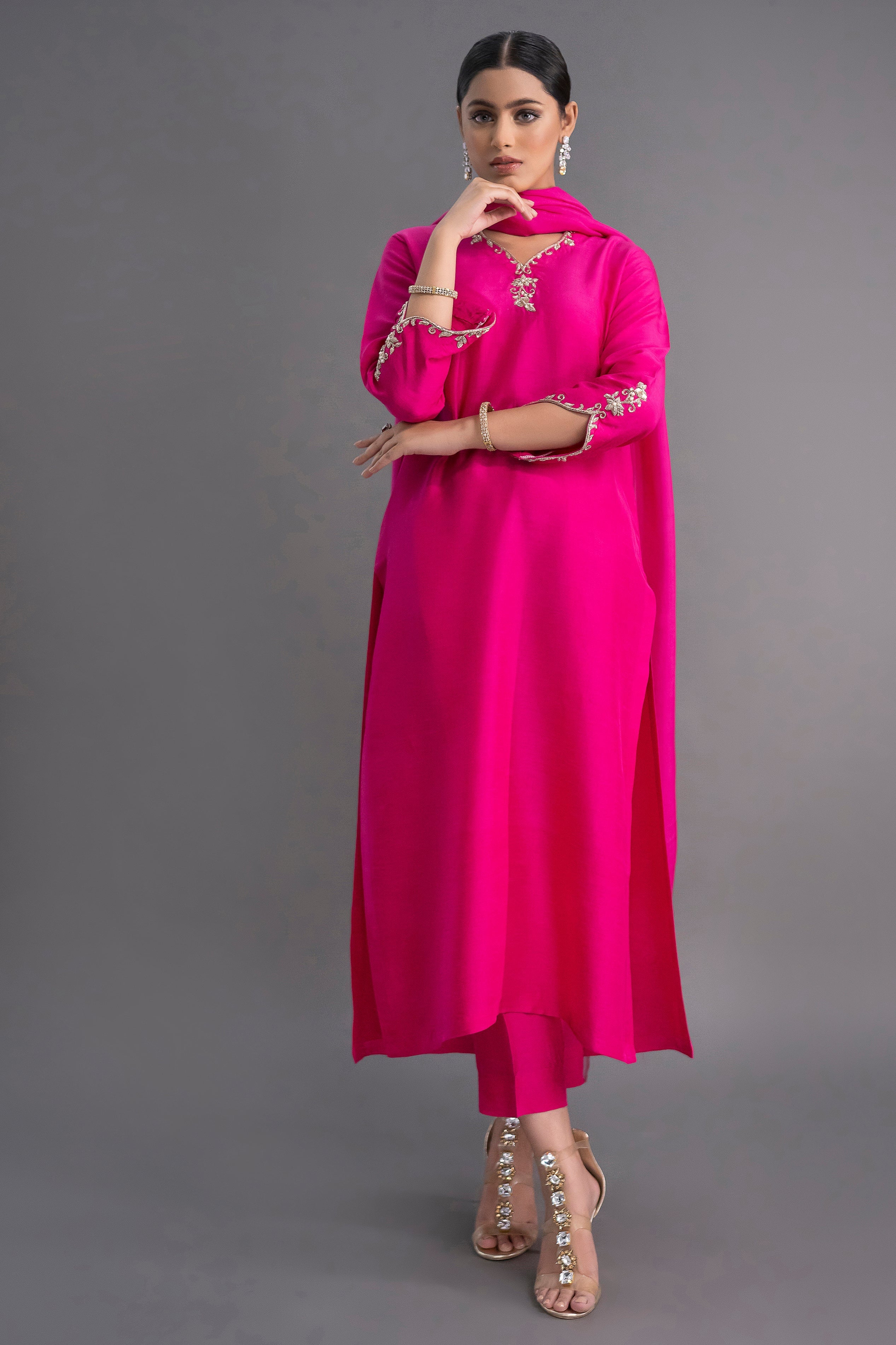 Royal Hot Pink Embroidered Kurti Dupatta Set for Women