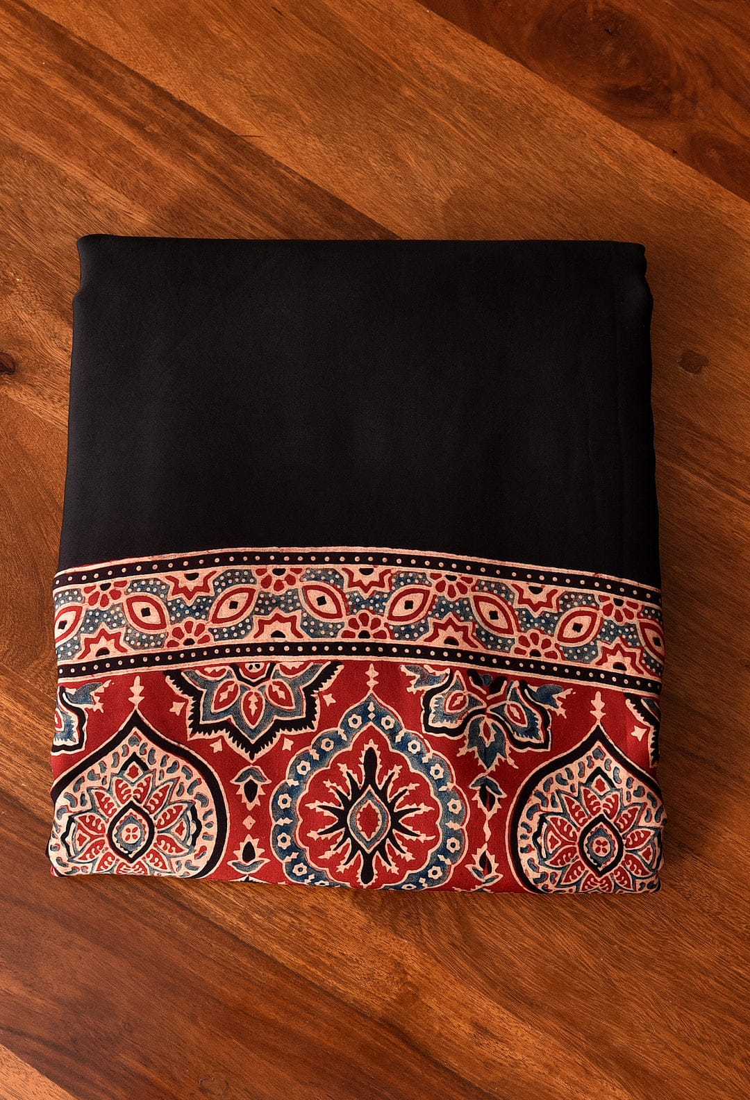 Black Ajrakh Digital Printed Soft Silk Saree with Rich Red Pallu