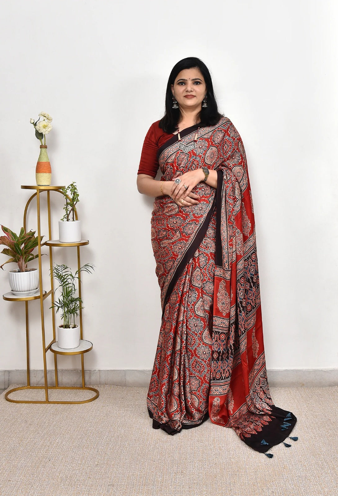 Premium Red Ajrakh Soft Silk Saree with Designer Border & Rich Pallu