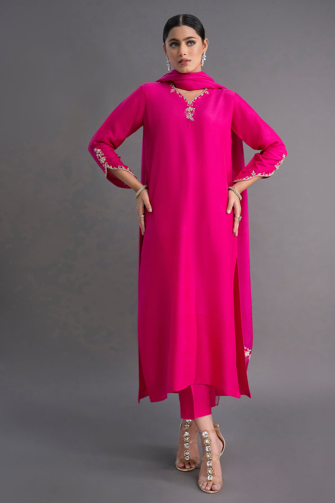 Royal Hot Pink Embroidered Kurti Dupatta Set for Women
