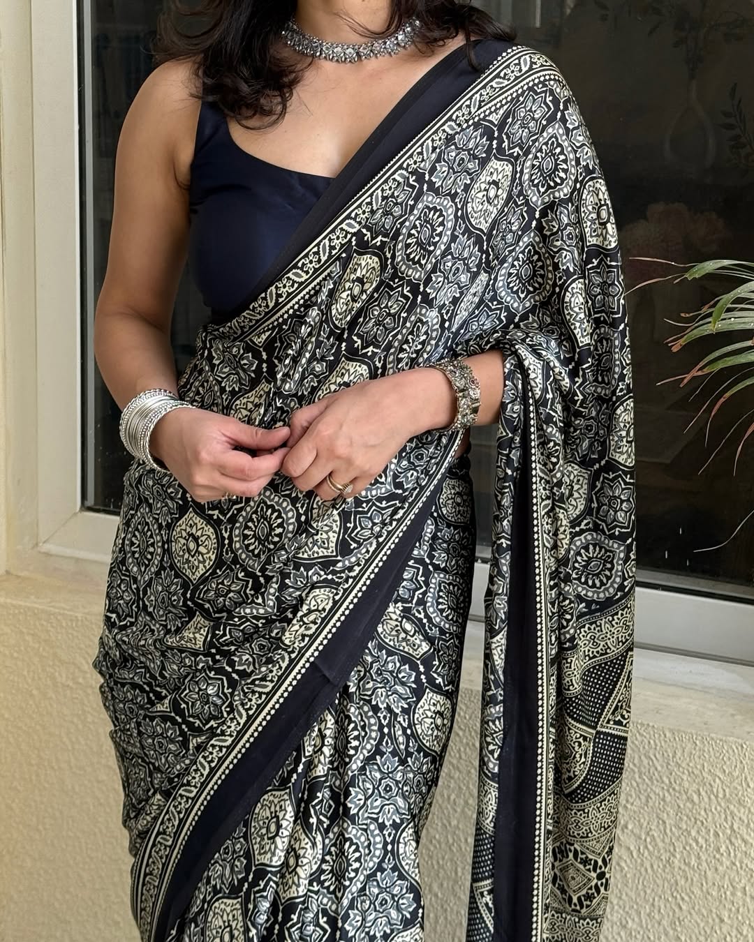 Classic Black Ajrakh Digital Print Saree with Designer Border