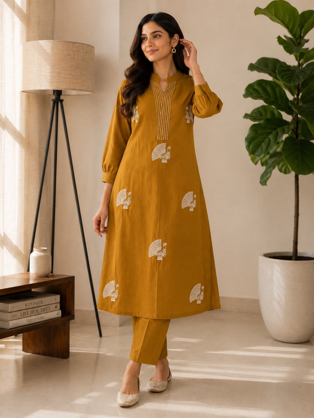 Premium Cotton Peacock Embroidery Kurta Pant Set for Women
