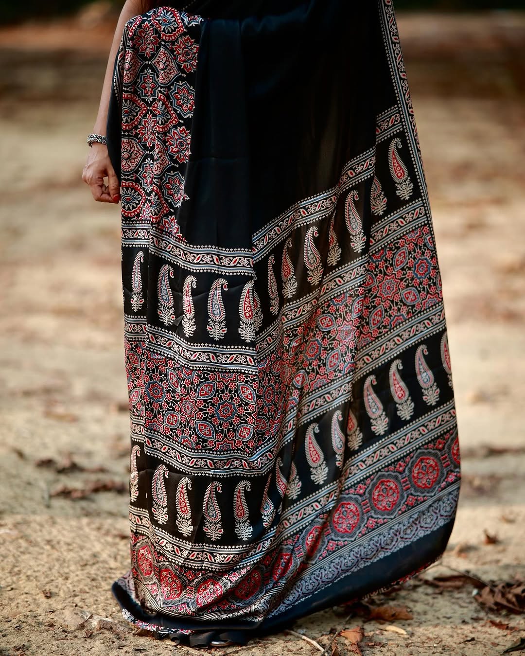 Black Ajrakh Digital Print Saree – Elegant Traditional Designer Wear