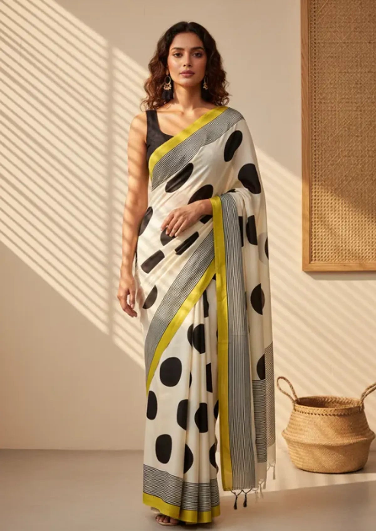 Elegant Cream Saree with Black Polka Dots & Golden Designer Border