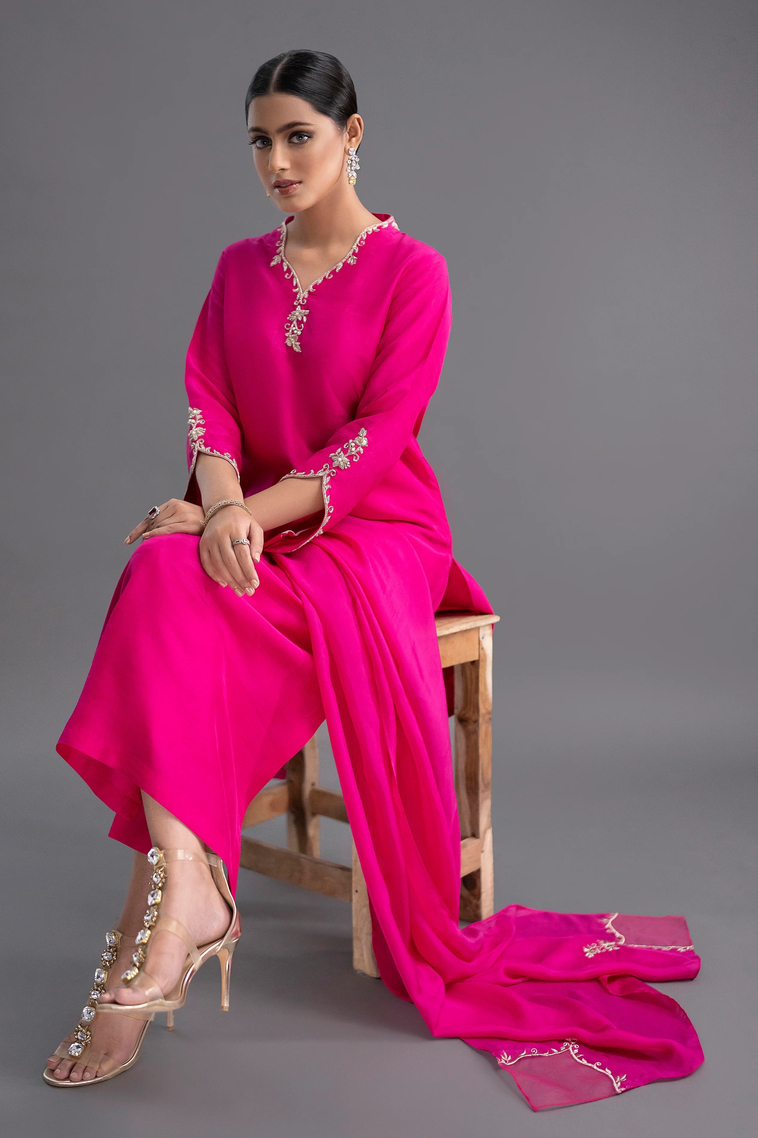 Royal Hot Pink Embroidered Kurti Dupatta Set for Women