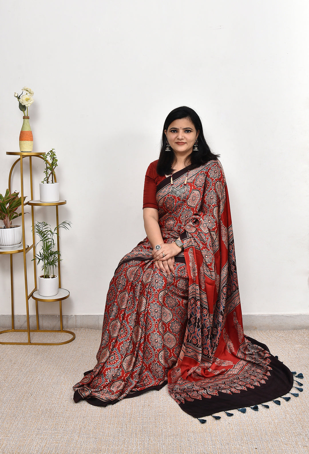 Premium Red Ajrakh Soft Silk Saree with Designer Border & Rich Pallu