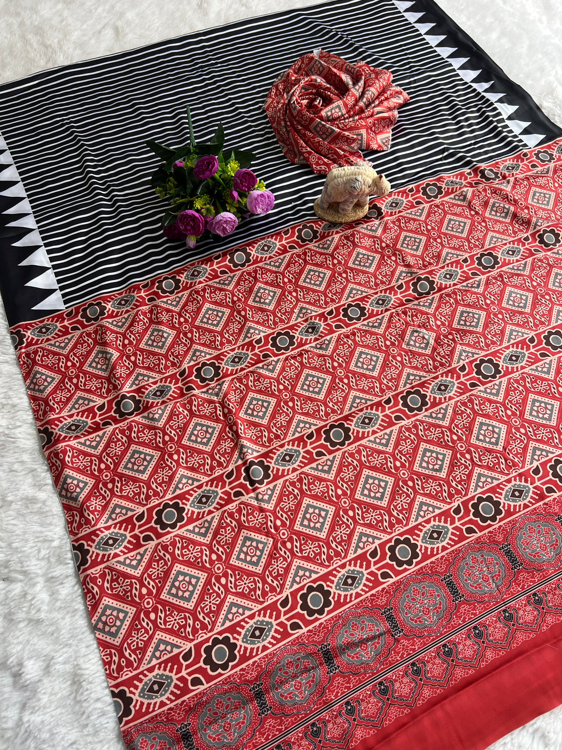 Trendy Black Striped Saree with Ajrakh Print Pallu – Festive & Party Wear