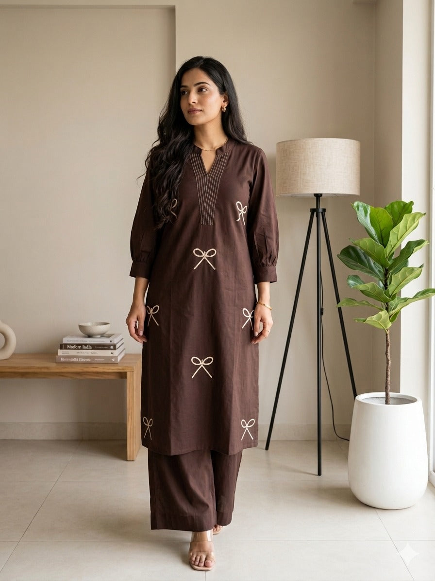 Premium Cotton Bow Embroidery Kurta Pant Set for Women