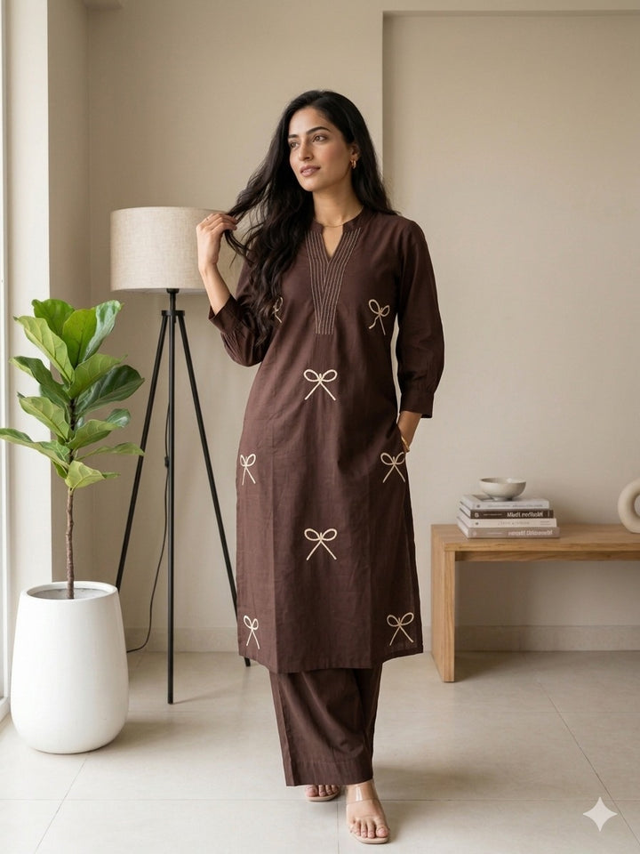 Premium Cotton Bow Embroidery Kurta Pant Set for Women