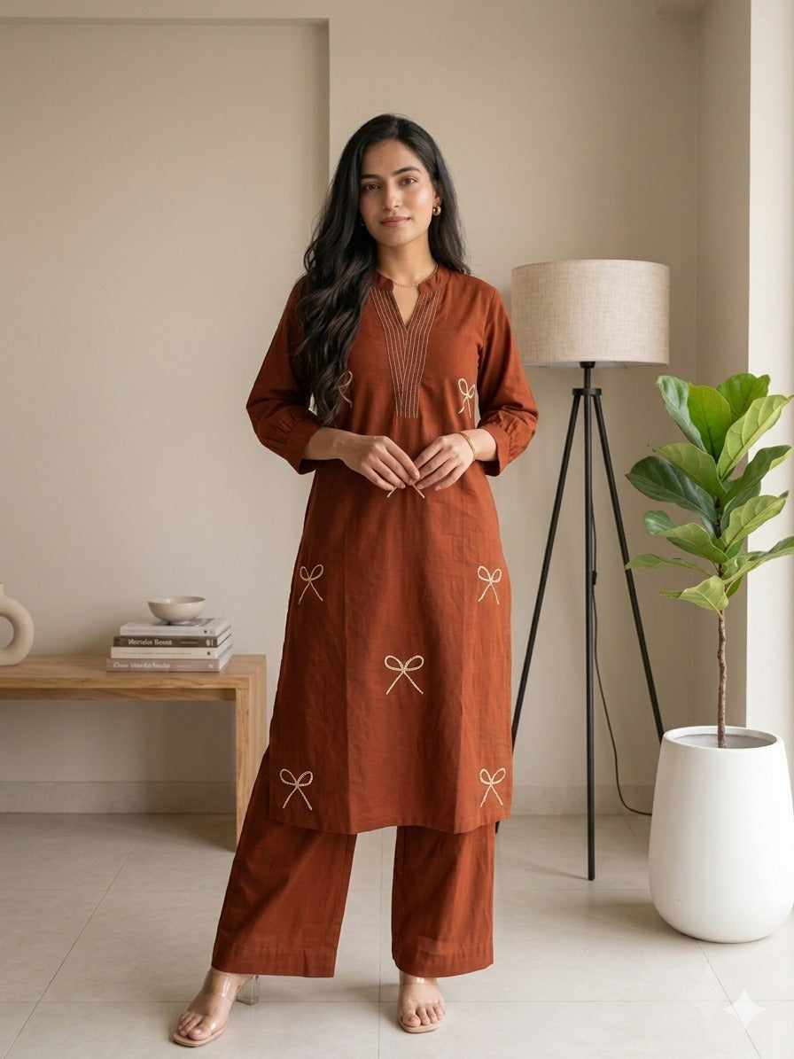 Premium Cotton Bow Embroidery Kurta Pant Set for Women