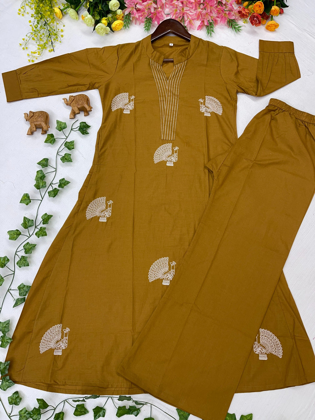 Premium Cotton Peacock Embroidery Kurta Pant Set for Women