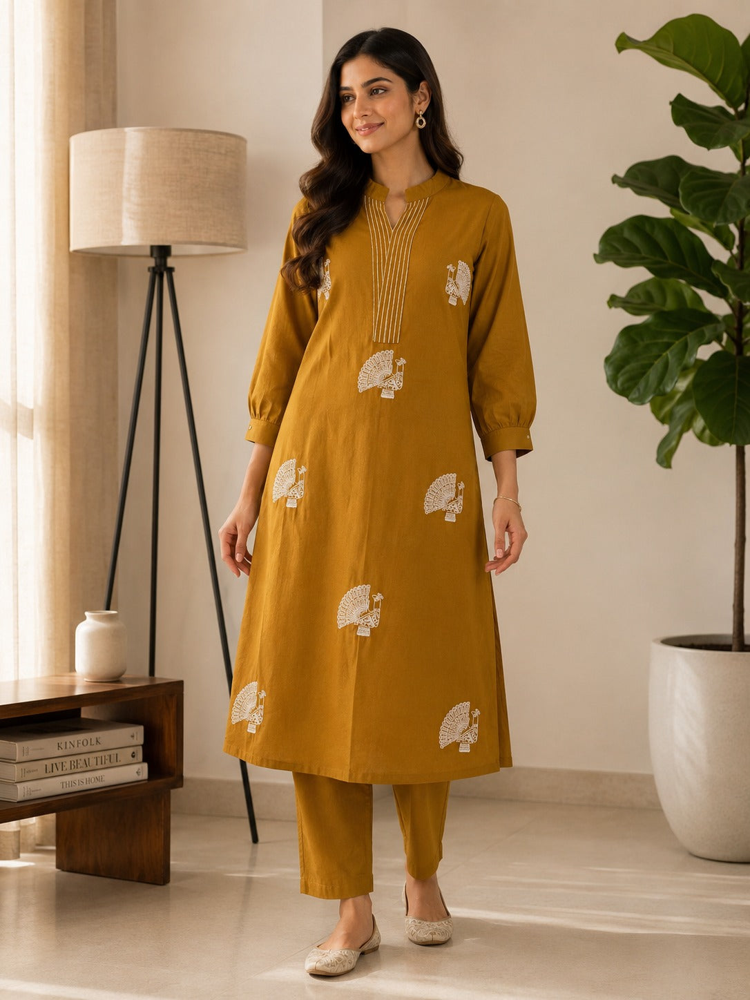 Premium Cotton Peacock Embroidery Kurta Pant Set for Women
