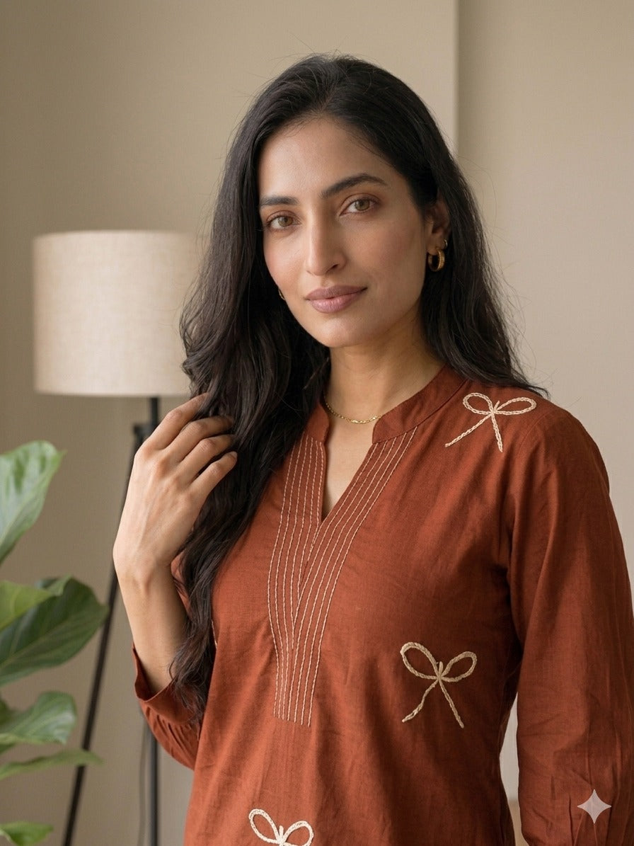 Premium Cotton Bow Embroidery Kurta Pant Set for Women
