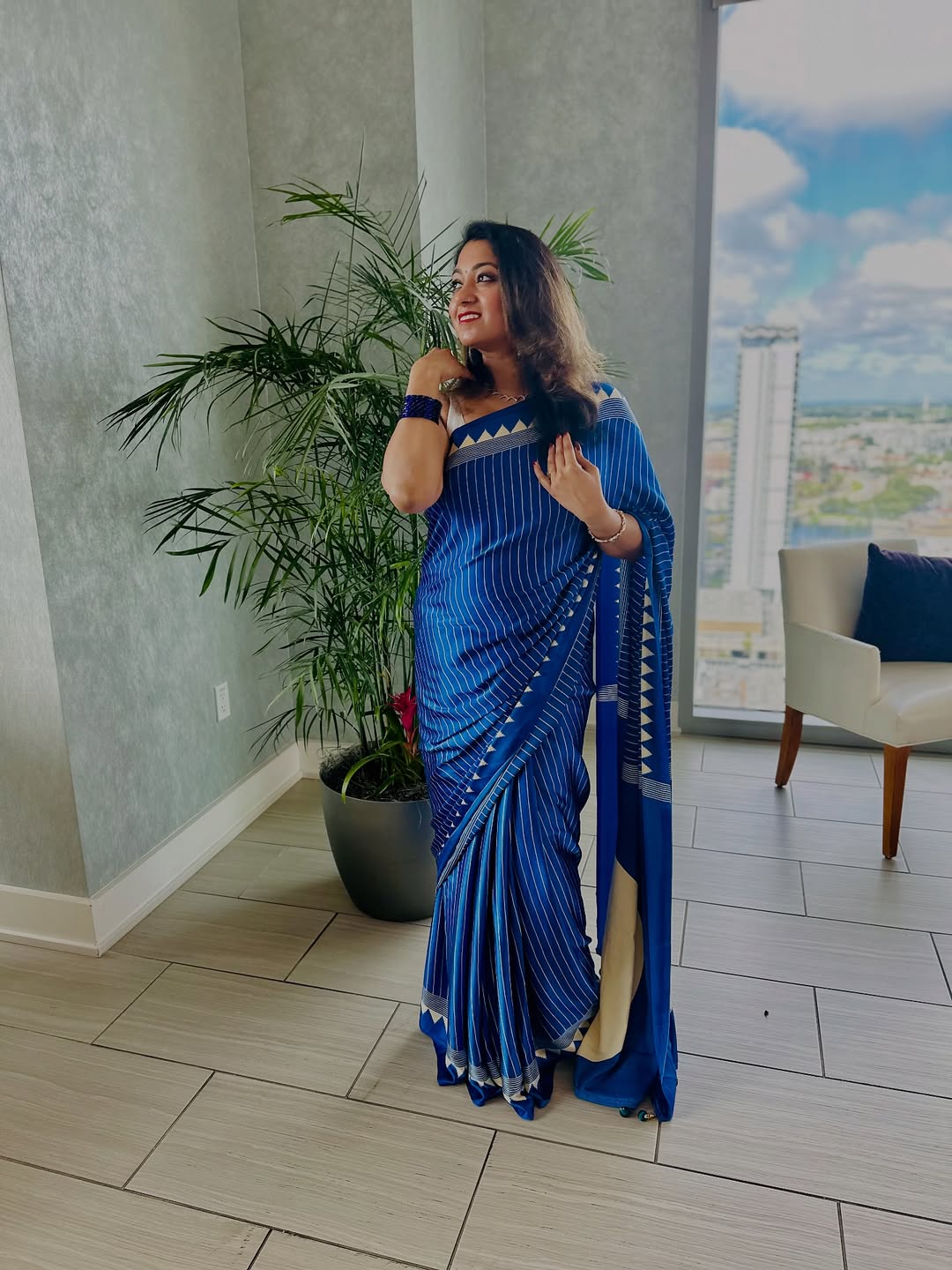 Royal Blue Striped Saree with Geometric Border – Elegant Ethnic Wear