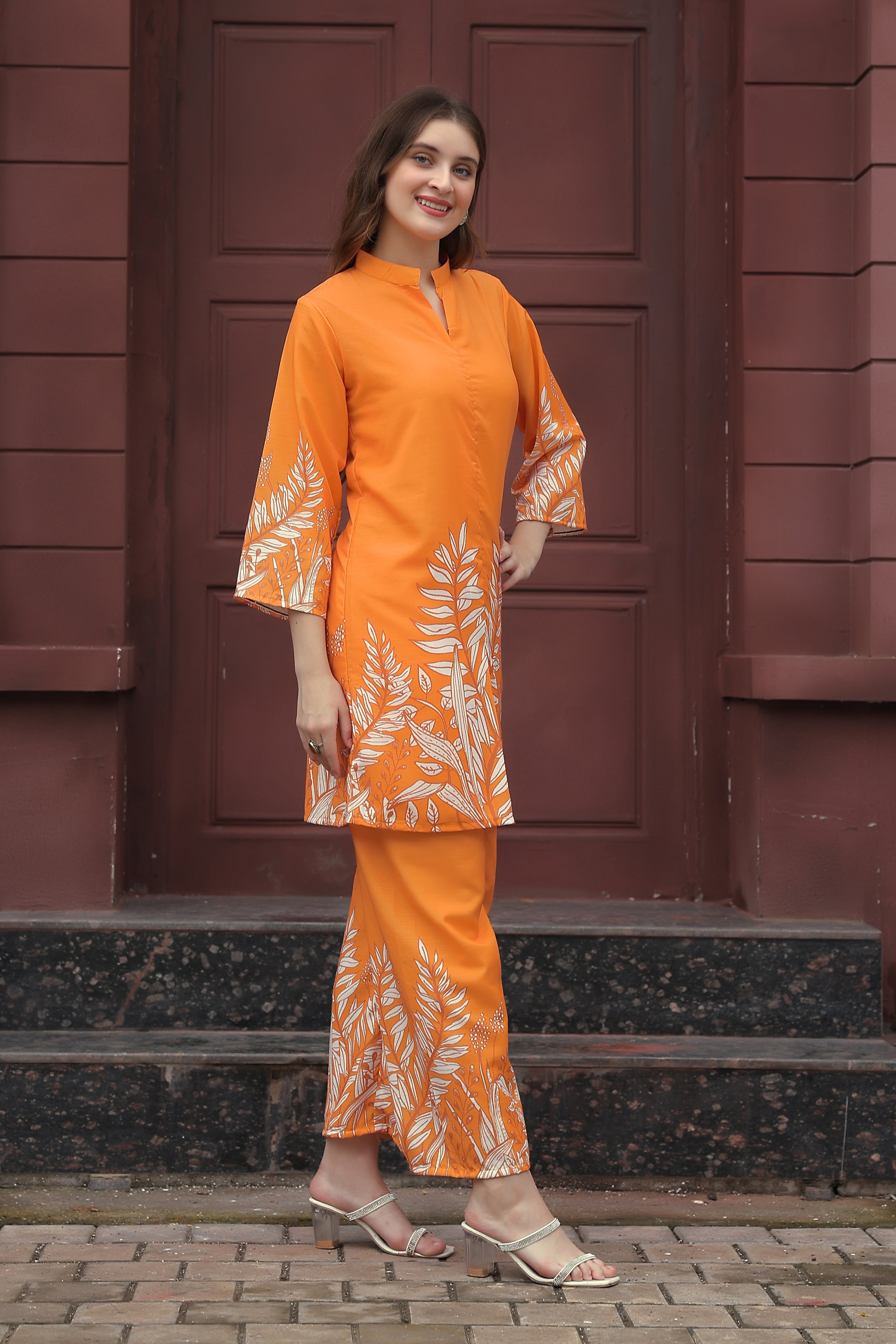 Trendy Orange Straight Kurti with Designer Sleeve