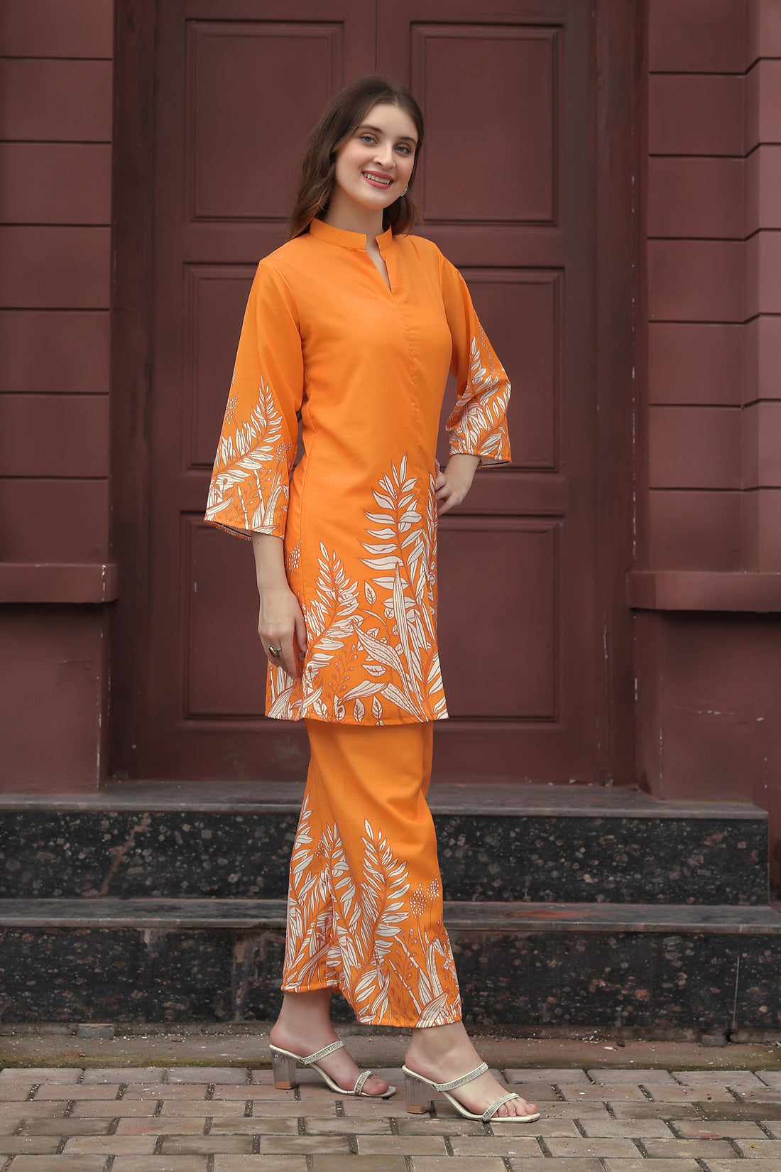 Trendy Orange Straight Kurti with Designer Sleeve
