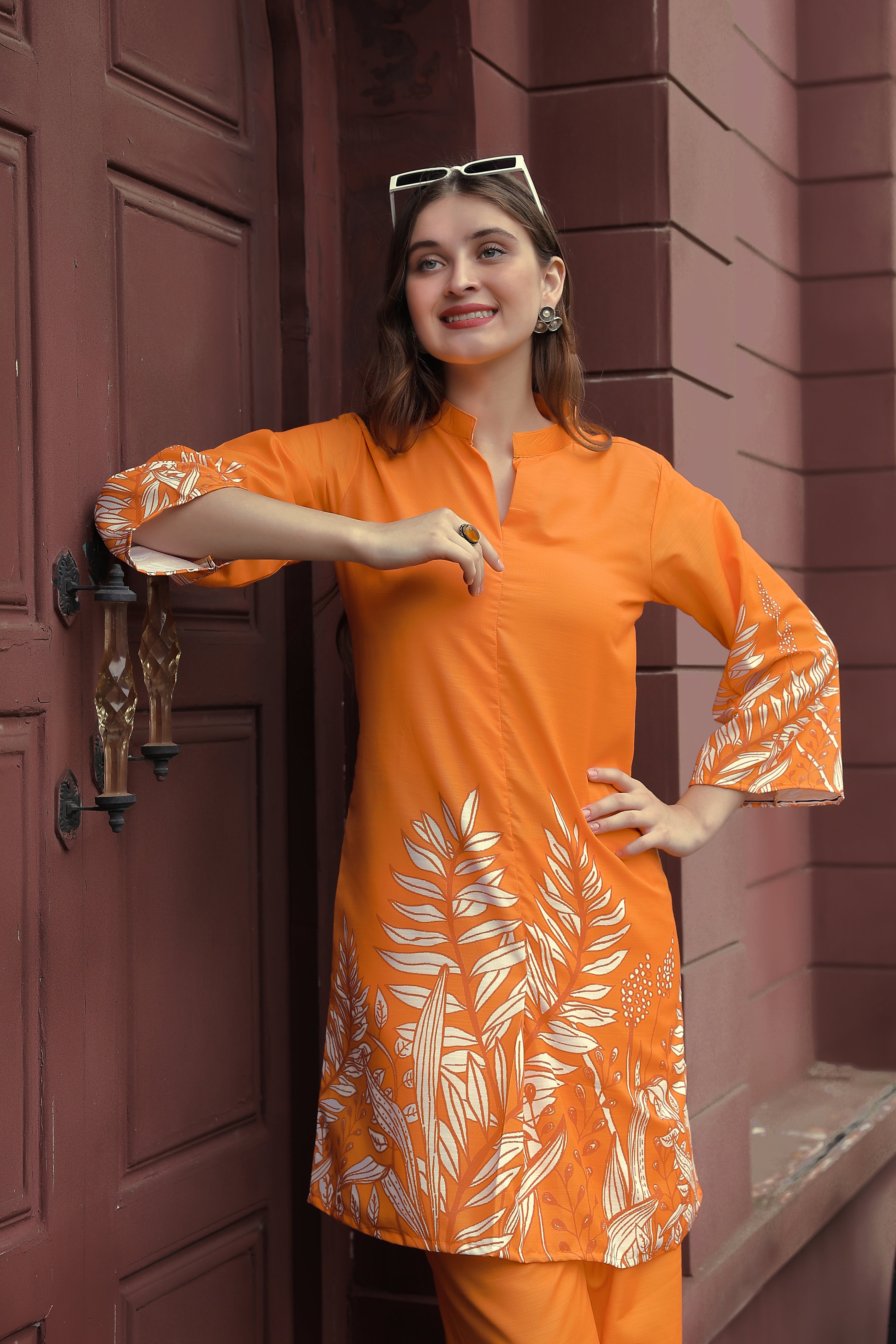 Trendy Orange Straight Kurti with Designer Sleeve