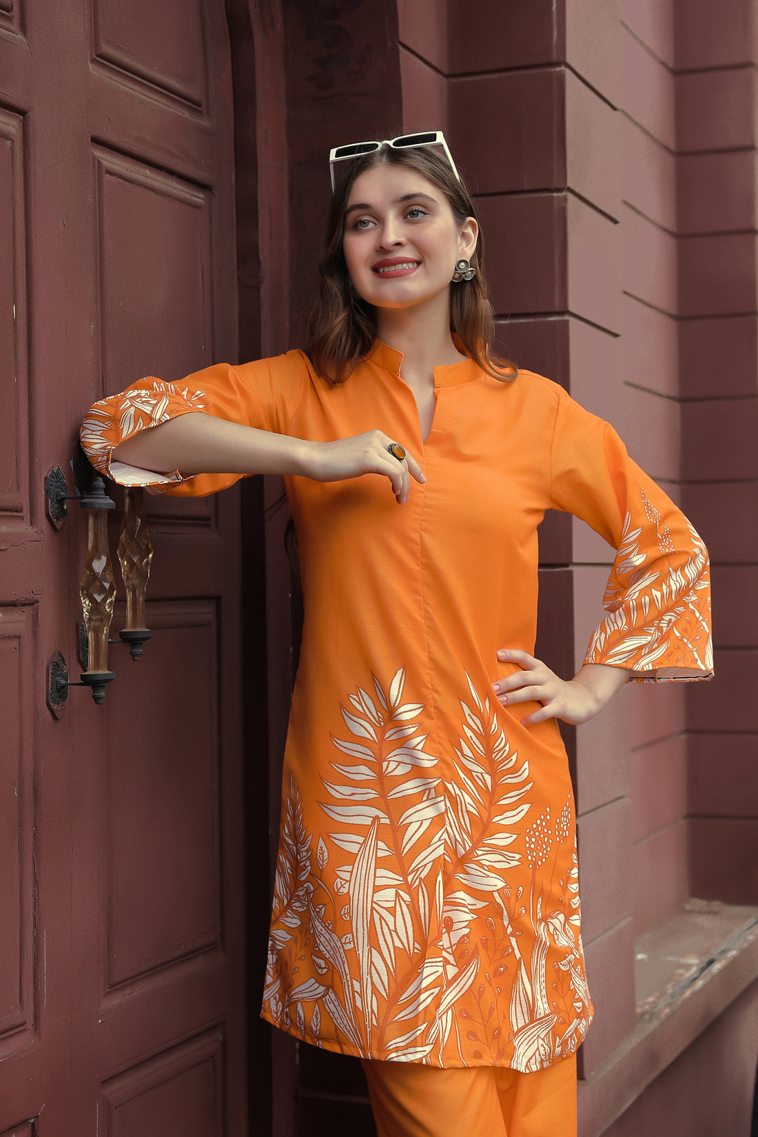 Trendy Orange Straight Kurti with Designer Sleeve
