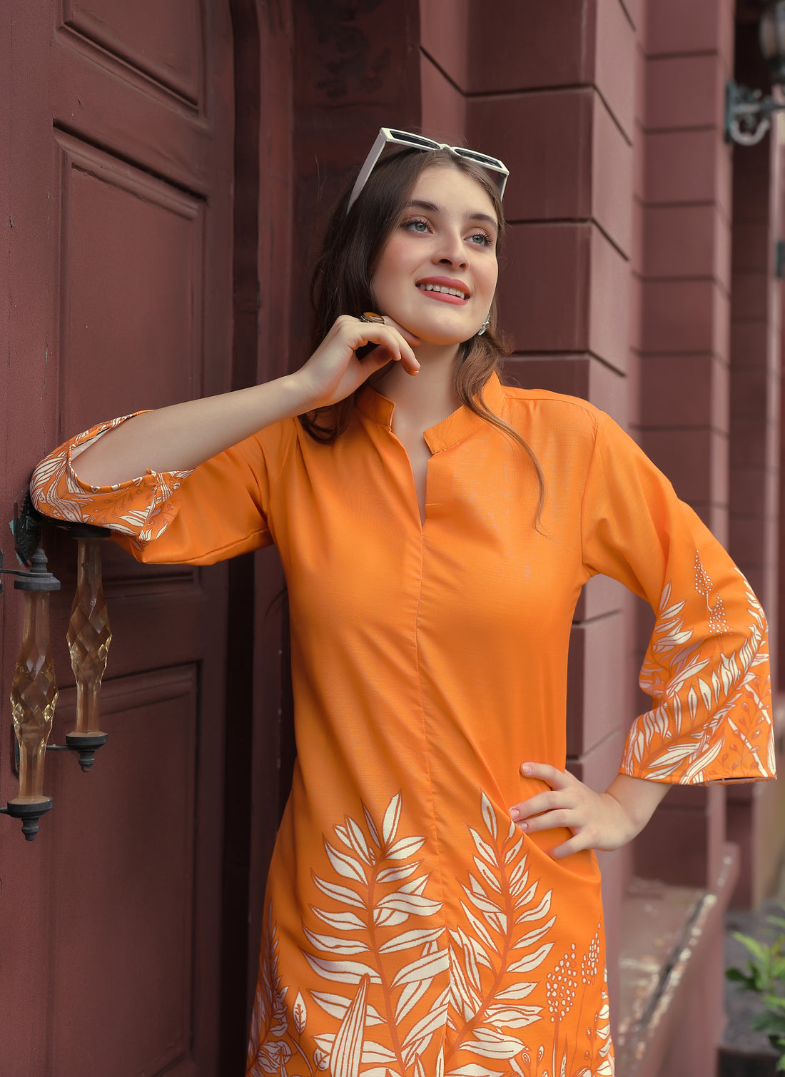 Trendy Orange Straight Kurti with Designer Sleeve