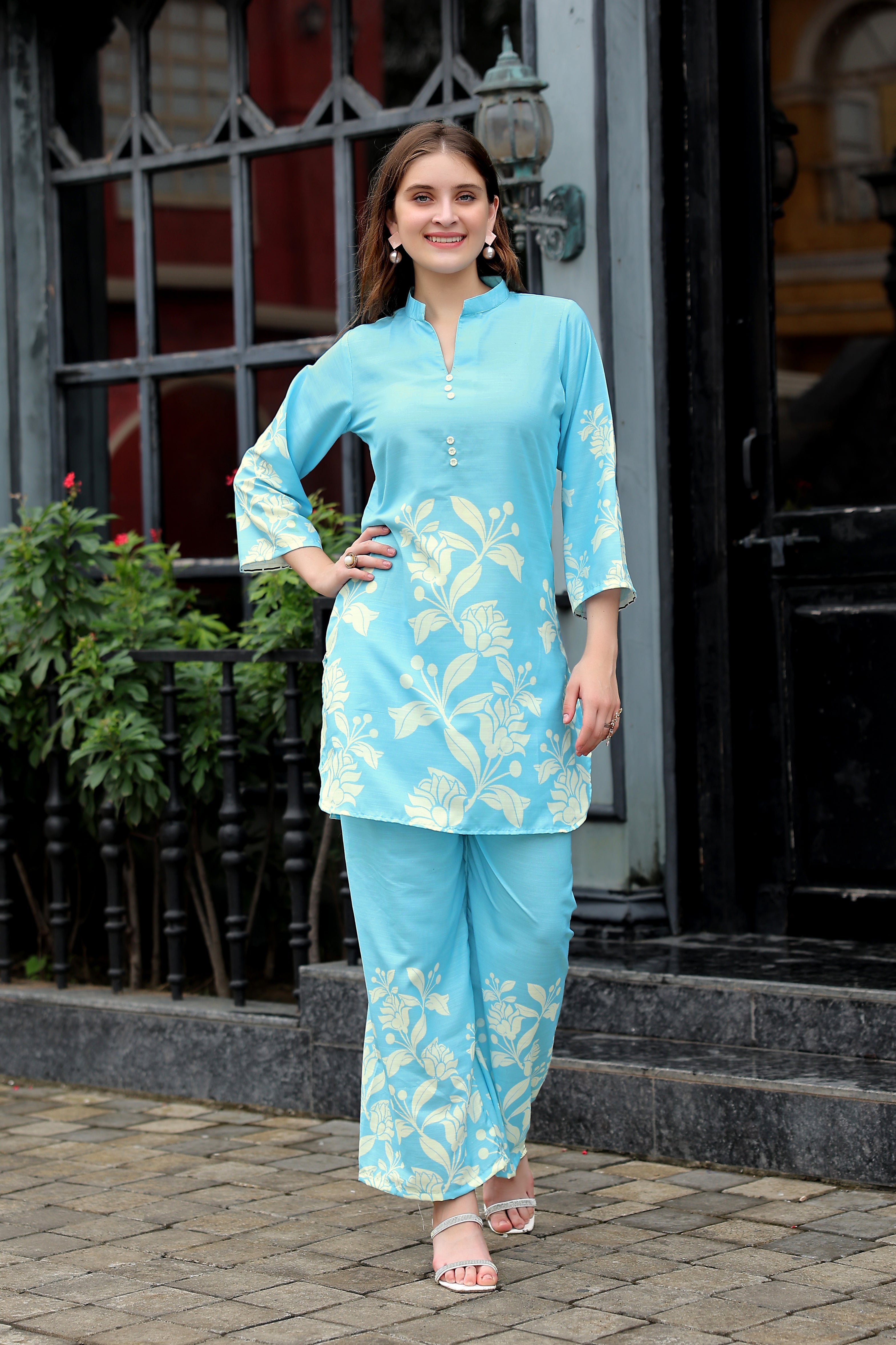 Soft Fabric Aqua Blue Printed Co-ord Set – Comfortable & Trendy