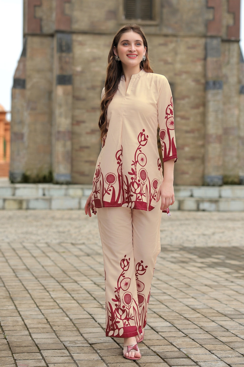 Elegant Cream & Maroon Printed Co-ord Set for Women