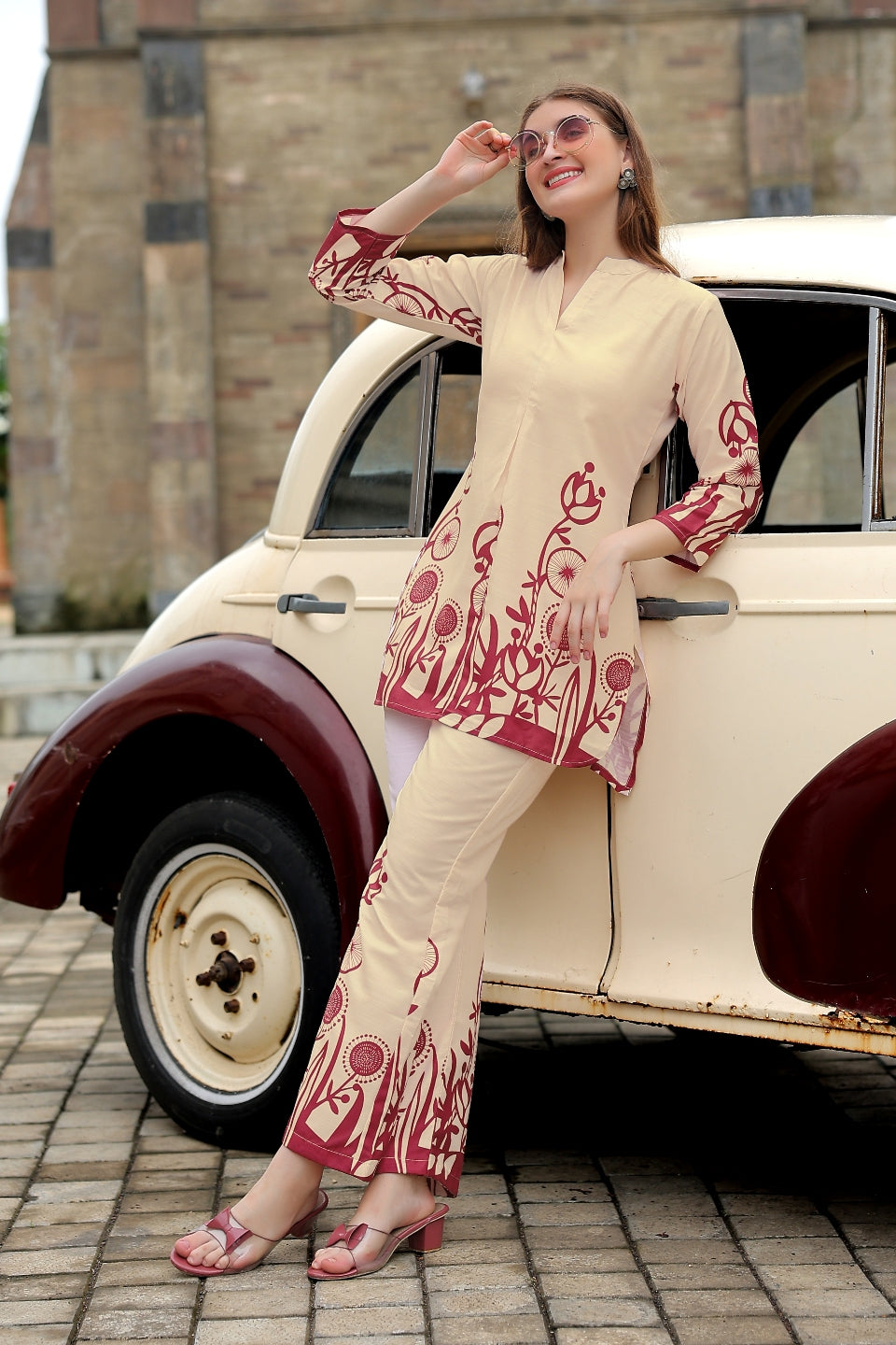 Elegant Cream & Maroon Printed Co-ord Set for Women