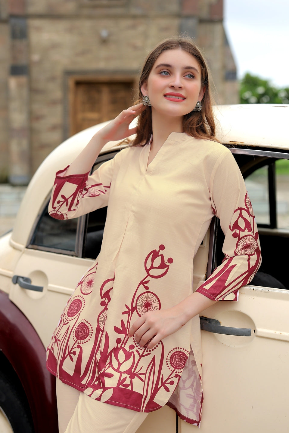 Elegant Cream & Maroon Printed Co-ord Set for Women