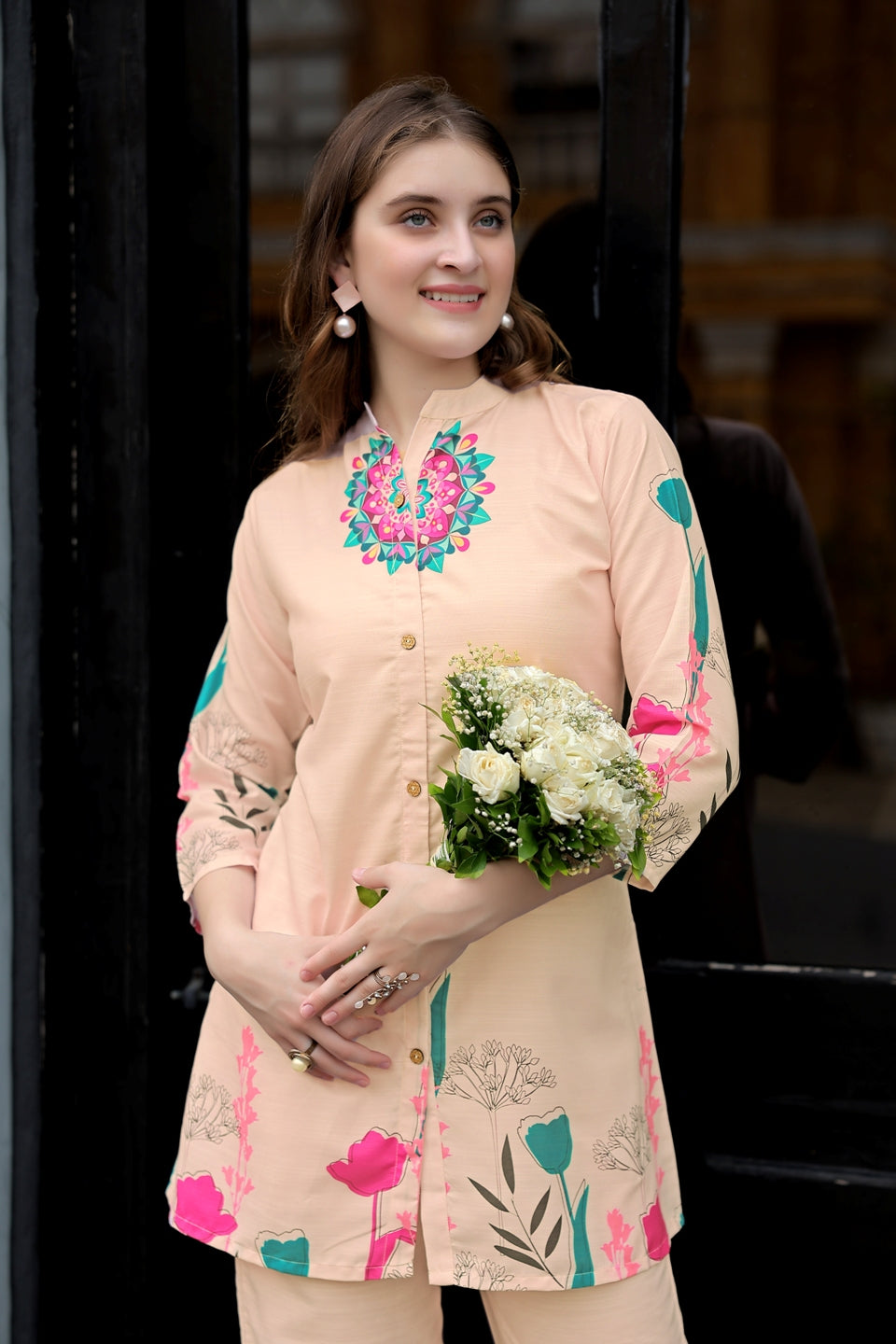 Trendy Cream Two Piece Co-ord Set with Colorful Print