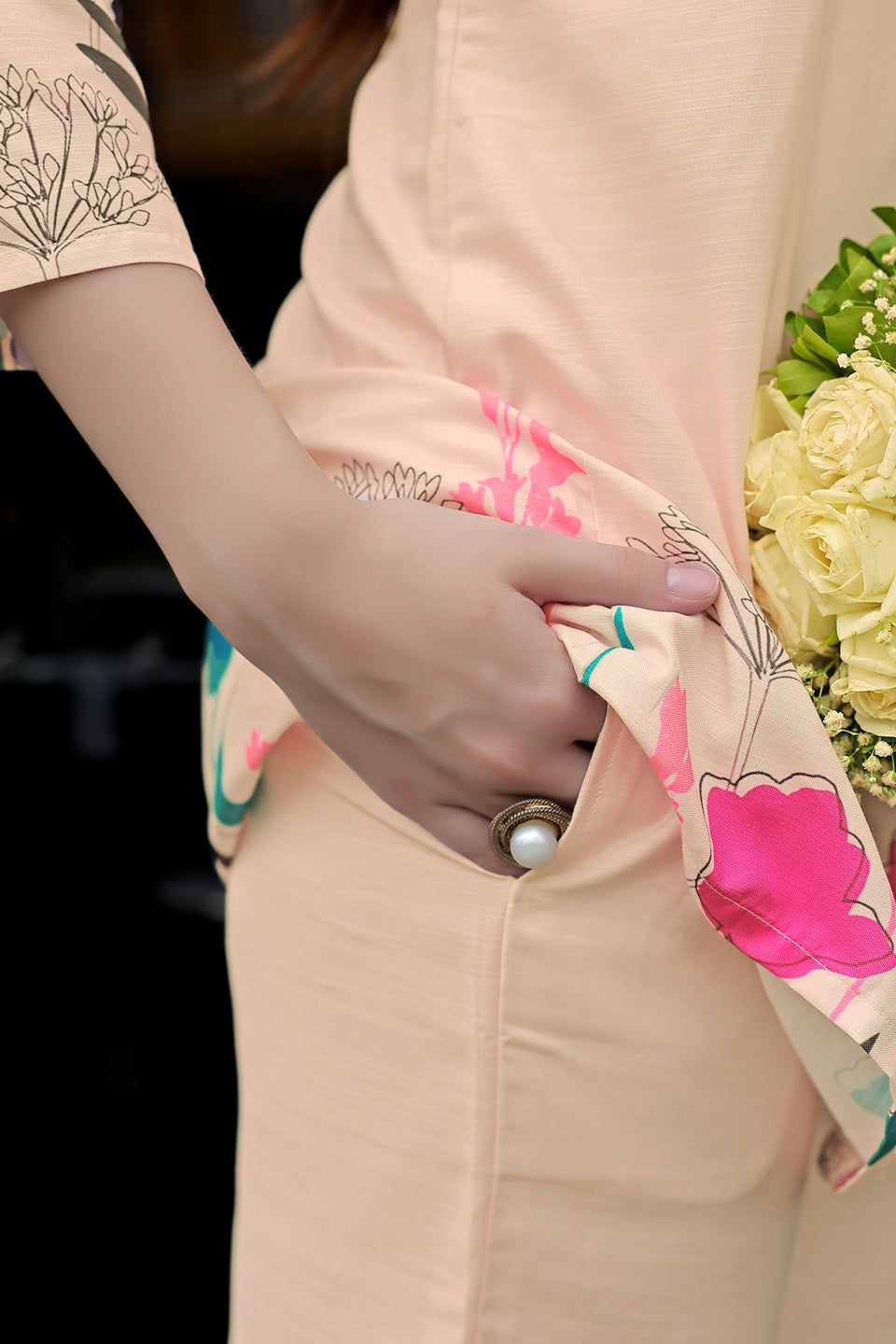 Trendy Cream Two Piece Co-ord Set with Colorful Print