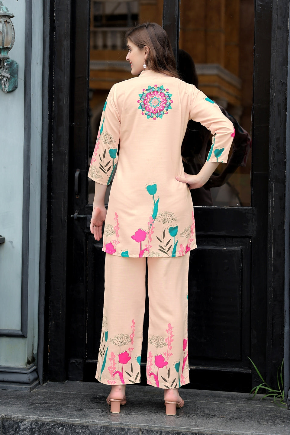 Trendy Cream Two Piece Co-ord Set with Colorful Print