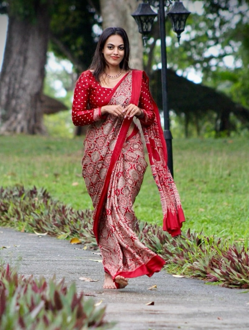 Royal Maroon Ajrakh Digital Print Saree