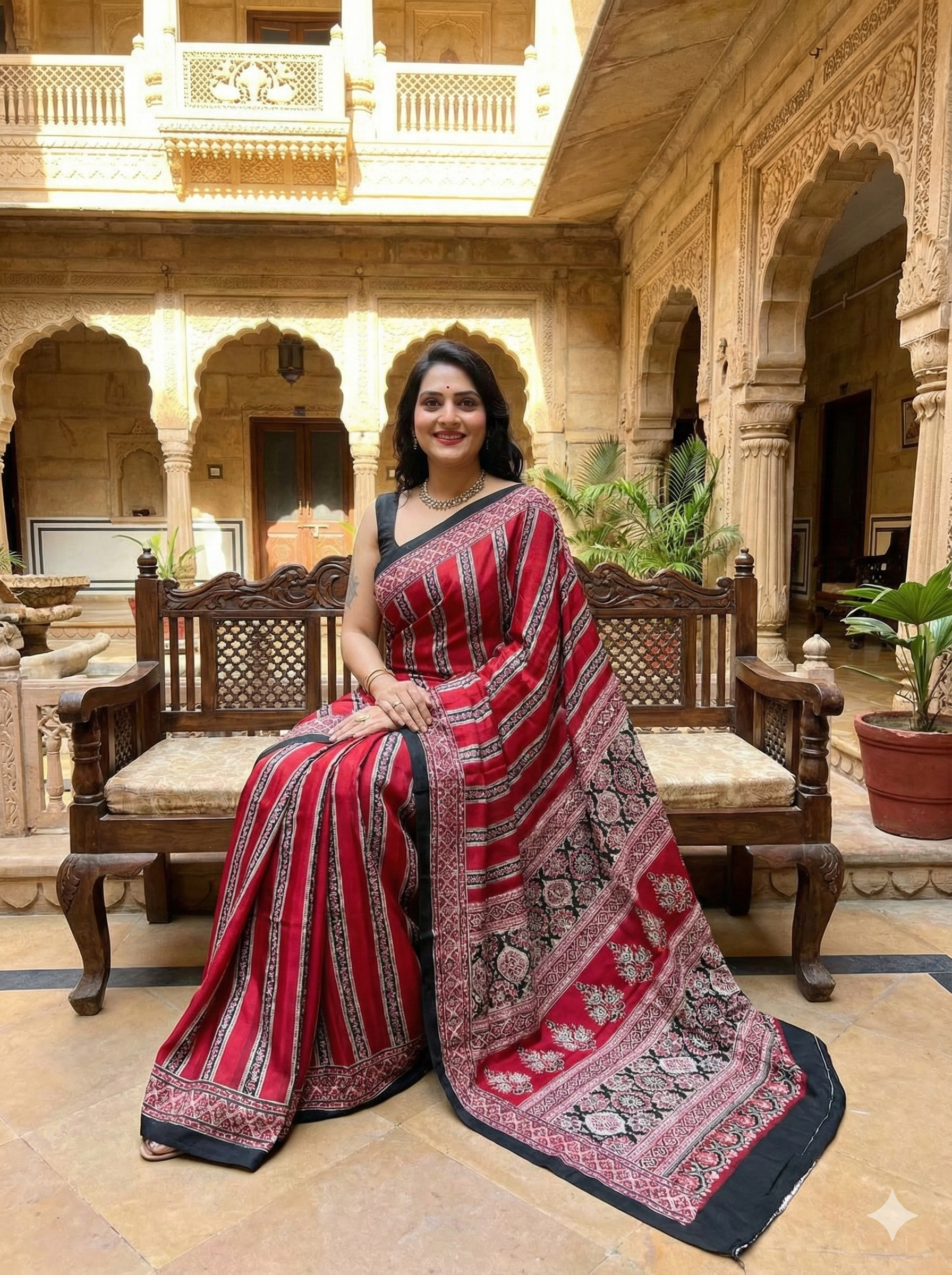 Red Ajrakh Digital Printed Saree – Traditional Ethnic Wear by Vastras
