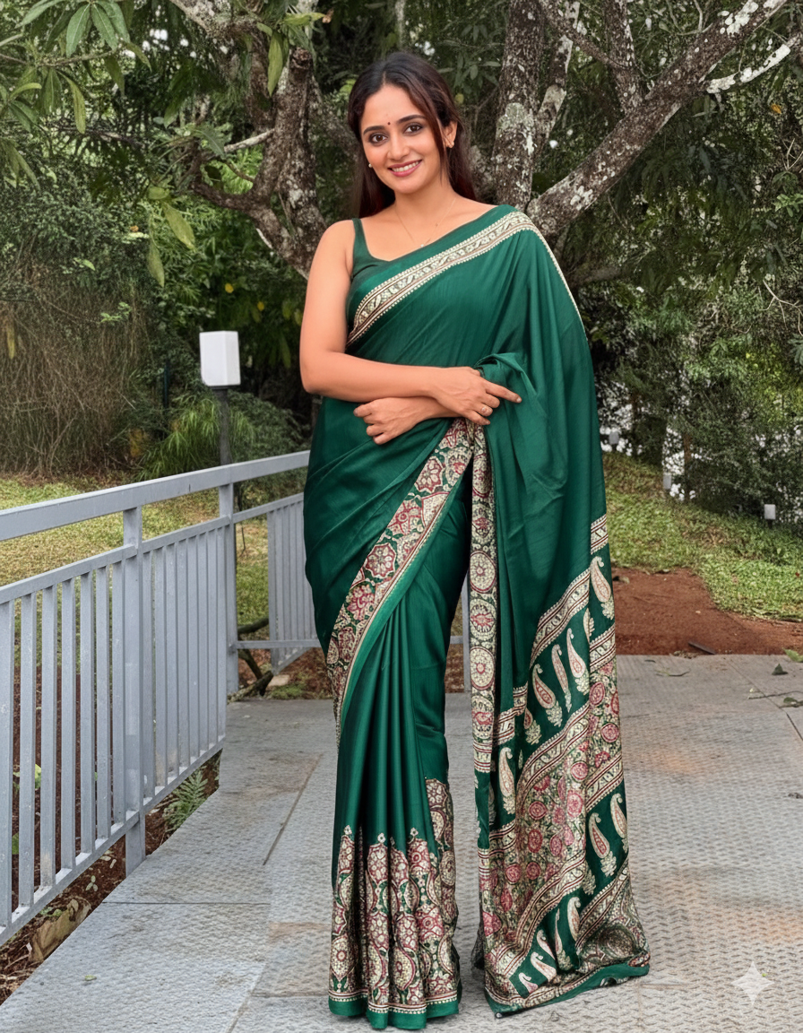 Green Ajrakh Digital Print Saree – Elegant Soft Silk Designer Wear