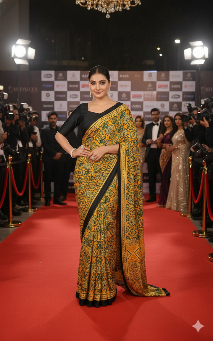 Yellow Bandhani Print Saree with Black Border – Traditional Festive Wear