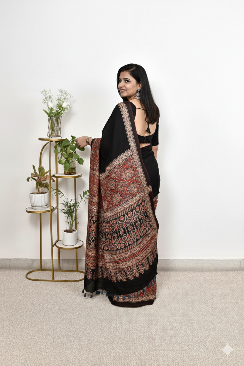 Black Ajrakh Digital Printed Soft Silk Saree with Rich Red Pallu