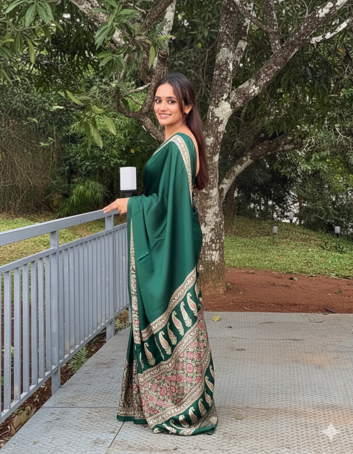 Green Ajrakh Digital Print Saree – Elegant Soft Silk Designer Wear