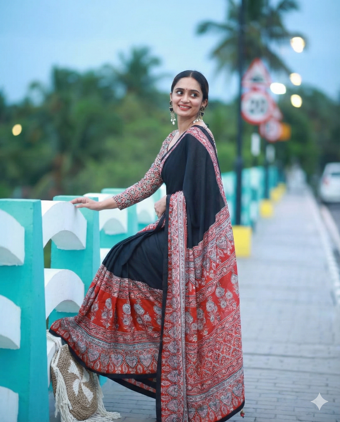 Premium Black Ajrakh Saree with Red Printed Border & Rich Pallu