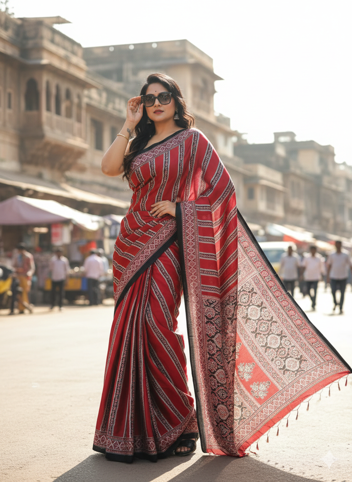 Red Ajrakh Digital Printed Saree – Traditional Ethnic Wear by Vastras