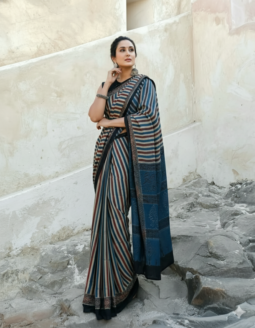 Elegant Multicolor Striped Ajrakh Border Saree