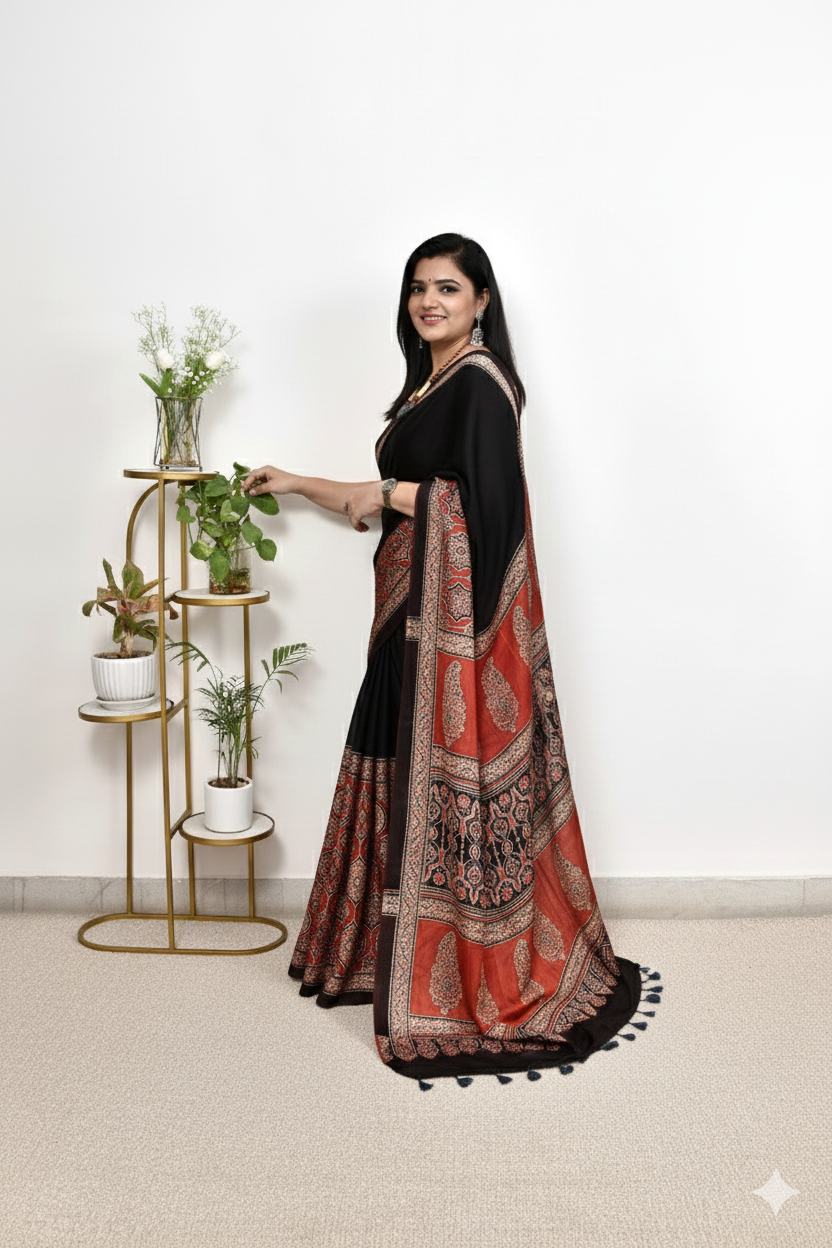Black Ajrakh Digital Printed Soft Silk Saree with Rich Red Pallu