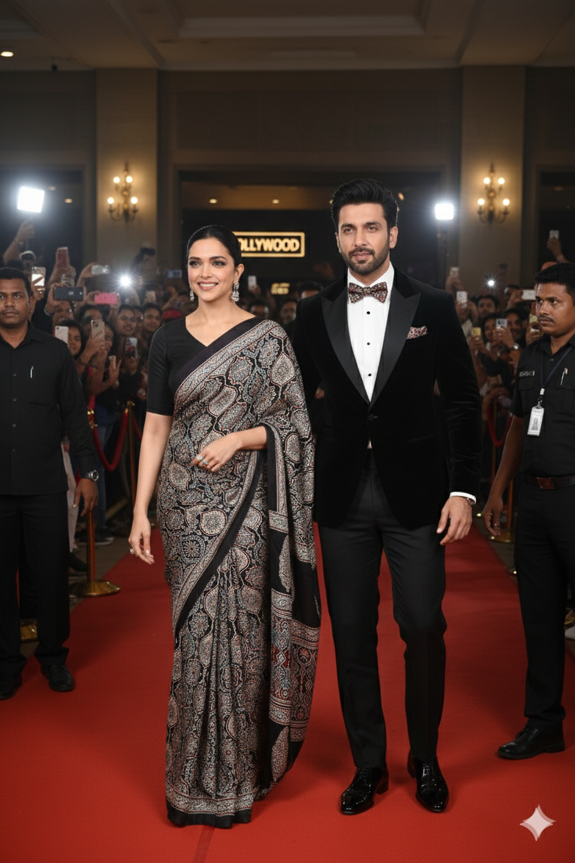 Premium Black Soft Silk Saree with Ajrakh Motifs & Designer Border