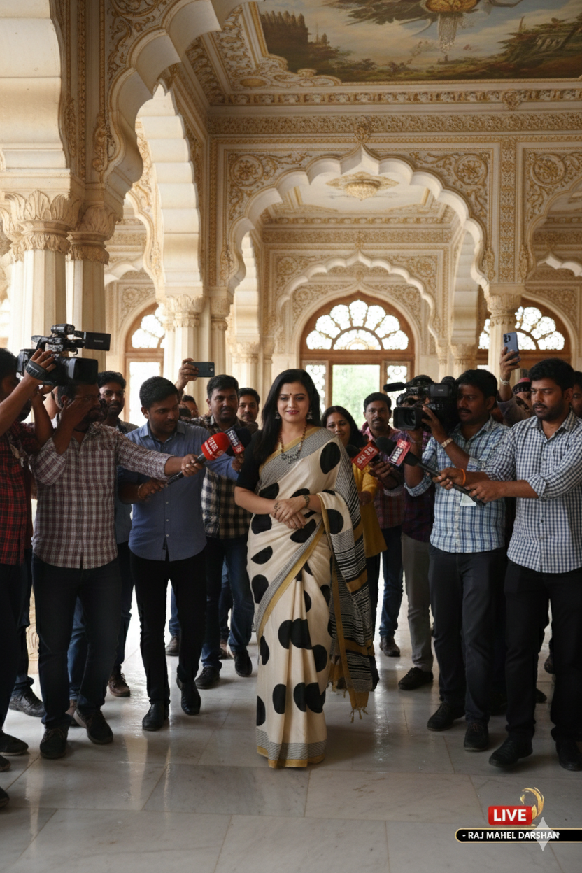 Elegant Cream Saree with Black Polka Dots & Golden Designer Border